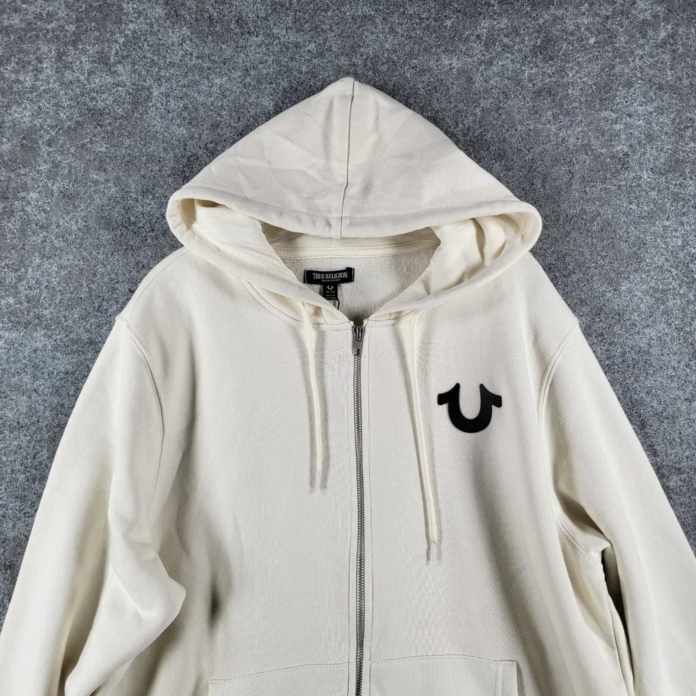 NWT True Religion Zip-Up Hoodie Mens XL Winter White Fleece Classic Logo Graphic